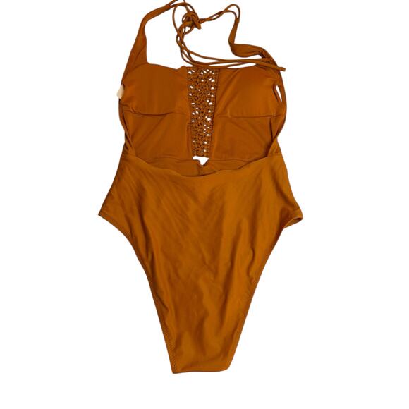 Aerie One-Piece Swimsuit Size M – Rust Orange Crochet Front Halter - Picture 3 of 7
